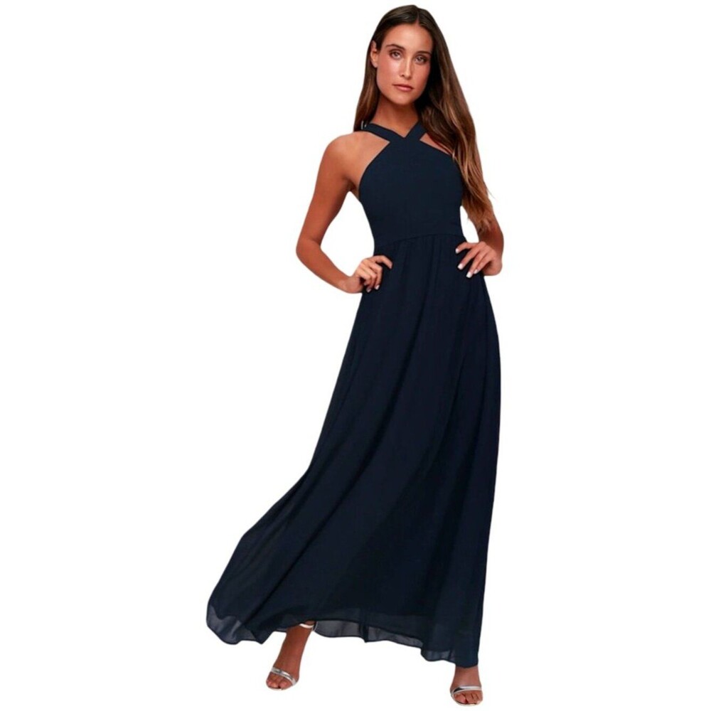 Lulus Air of Romance Georgette Maxi Dress Women Navy Blue Halter Formal Size M